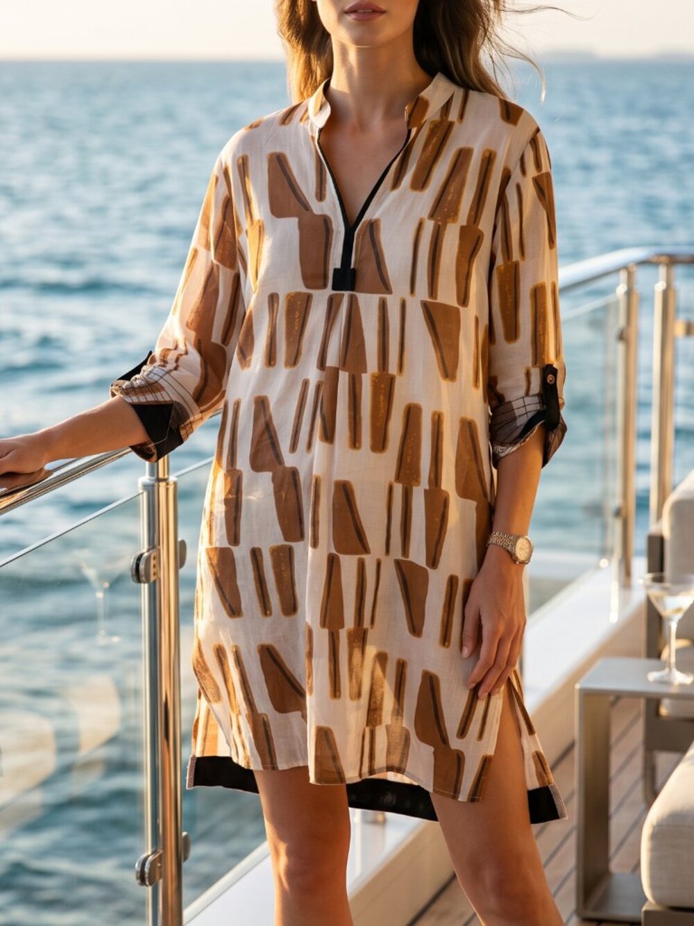 Anthropologie Beige and Brown Printed Mini Dress
